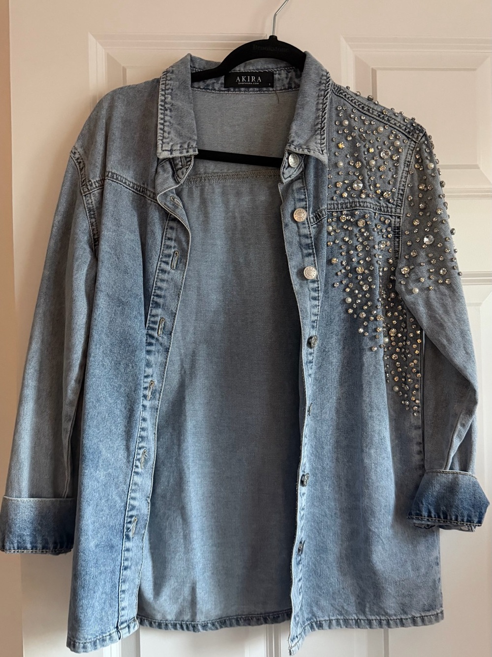 AKIRA Light Blue Studded Denim Button-Down Shirt Jacket